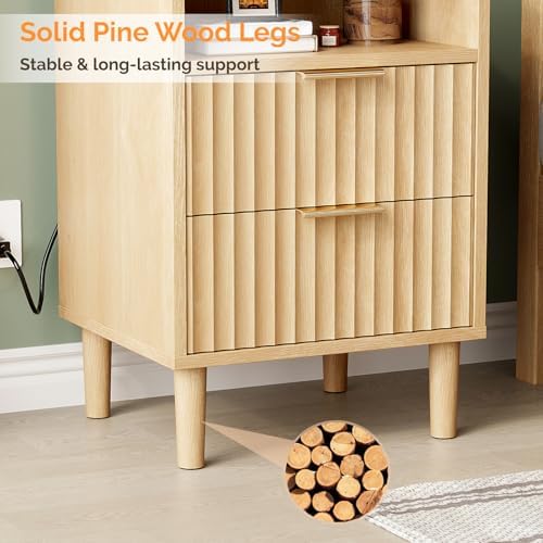 VINGLI Fluted Nightstand with Charging Station, Wood Nightstand with 2 Drawers Night Stand for Bedroom, Fluted Bedside Table/End Table/Side Table with Pine Wood Legs, Oak, 15.75" W*15.55" D*23.62" H - Image 6