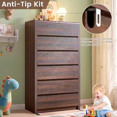 Modern 6 Drawers Dresser for Bedroom, 55.6” Tall Walnut Dressers & Chest of Drawer, Wooden Dresser for Living Room, Hallway, Front Curved & Handleless Design - Image 6