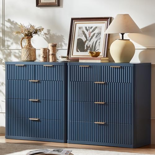 LEYAOYAO Fluted 5 Drawers Dresser for Bedroom Set of 2, 34" Tall Modern Chest of Drawers with Metal Handle, Curved Profile Design,Navy Blue Wood Drawer Organizer for Bedroom, Living Room, Hallway by LEYAOYAO-Findtheshiningpointofyourideallife%EF%BC%81