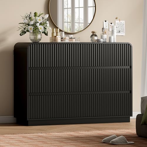 Wodeer Black Dresser Fluted 6 Drawers Dresser for Bedroom, 47" Wide Wood Chest of Drawers with Hidden Handles & Rounded Corners, Modern TV Stand Storage Cabinet for Living Room, Hallway, Entryway by WODEER