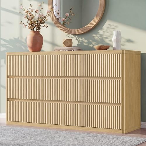 Standifurno Fluted 9 Drawers Dresser, 57" Wide Dresser for Bedroom, Modern Chest of Drawers with Curved Profile, Handleless, Wood Large Dressers TV Stand with Organizer Storage, Living Room, Natural by StandifurnoFurniture