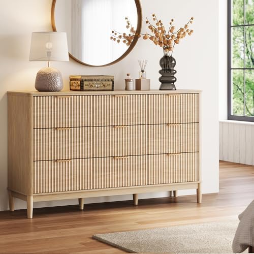 LINSY HOME Fluted Dresser for Bedroom with 9 Drawers, 58" Wide Mid Century Modern Dresser, Tall Boho Chest of Drawers, Large Wood Accent Storage Cabinet for Living Room, Curved Profile Design, Oak - Image 3