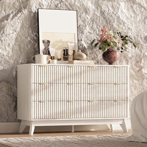 47" Wide Fluted 6 Drawers Dresser for Bedroom,Curved Edge,White - Image 7