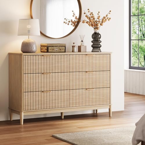 LINSY HOME Fluted Dresser for Bedroom with 6 Drawers, 54" Wide Mid Century Modern Dressers, Tall Boho Chest of Drawers, Large Wood Accent Storage Cabinet for Living Room, Curved Profile Design, Oak - Image 3