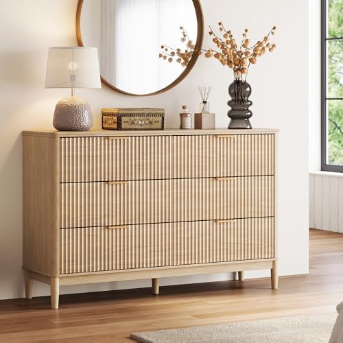 LINSY Fluted Dresser for Bedroom with 6 Drawers, Mid Century Modern Chest of Drawers with Gold Metal Handles, Wide Boho Wood Dressers, Large Farmhouse Storage Cabinet for Bedroom, Living Room, Oak - Image 2