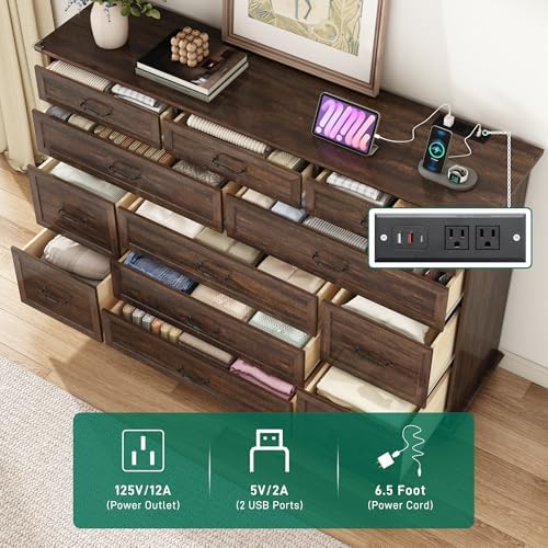 jiteentarou Farmhouse 12 Drawer Dresser for Bedroom,63” Wood Dresser & Chest of Drawers with Power Outlets,Large & Wide Dressers for Bedroom,Tall Storage Dresser Organizer(Rustic Brown) - Image 5