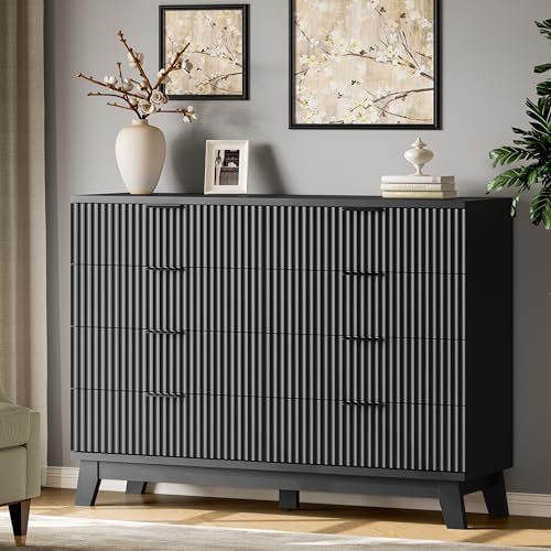 Xixini Fluted Dresser with 8 Drawers, 54" Wide Modern Chest of Drawers with Metal Handle, Wooden Dresser TV Stand, Wood Closet Clothes Storage Organizer for Bedroom, Living Room, Hallway, Solid Black - Image 3