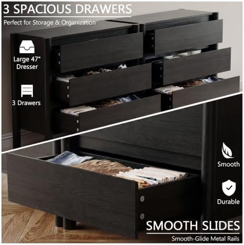 HOUROM Black 3 Drawer Dresser for Bedroom, Mid Century Modern Chest - Image 4