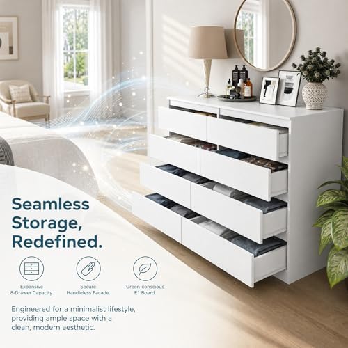 White Dresser for Bedroom,Modern Large 8 Drawer Dresser with Deep Drawer,Wide Storage Chest of Drawer,Wood Bedroom Storage Organizer Furniture,TV Stand for Living Room - Image 3
