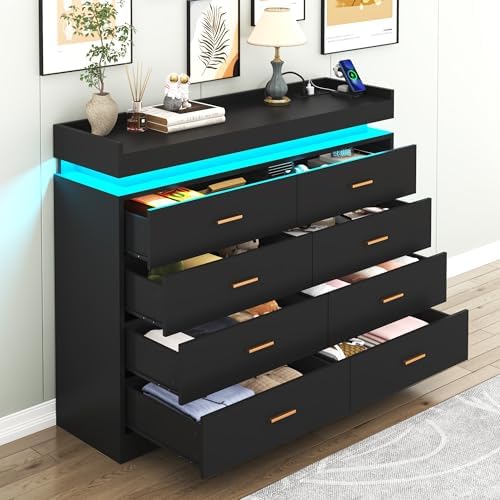 Hlivelood 8 Drawer Dresser with LED Light and Charging Station, Modern Chest of Drawers for Closet, Wide Drawer Organizer Cabinet for Bedroom, Living Room, Entryway, Hallway(Black) - Image 3