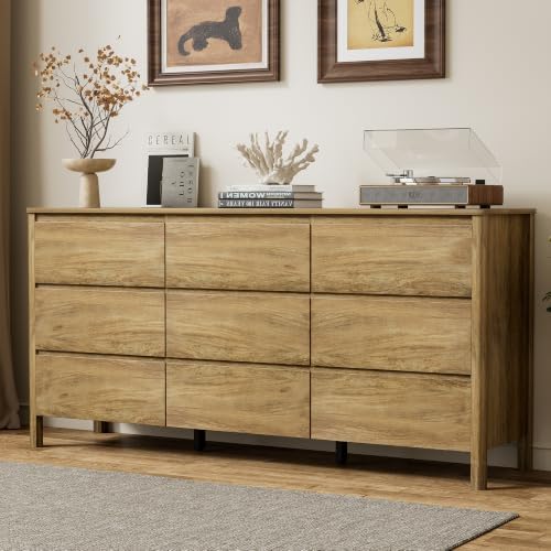 Furniway 63" Wide 9 Drawer Wood Dresser for Bedroom with Legs, Natural Oak by Furniway
