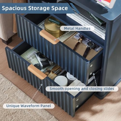 LEYAOYAO Fluted Nightstand with Charging Station, 23" Modern Night Stand with Woodgrain Top, 2 Drawer End Table w/Storage, Bedside Tables for Bedroom, Living Room, Curved Profile Design, Blue - Image 5