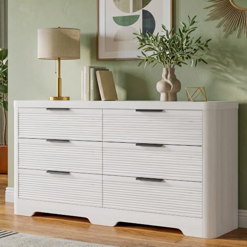 Fluted 6 Drawer Wood Dresser,Farmhouse Chest for Bedroom Entryway,White Oak by FUSUNBAO