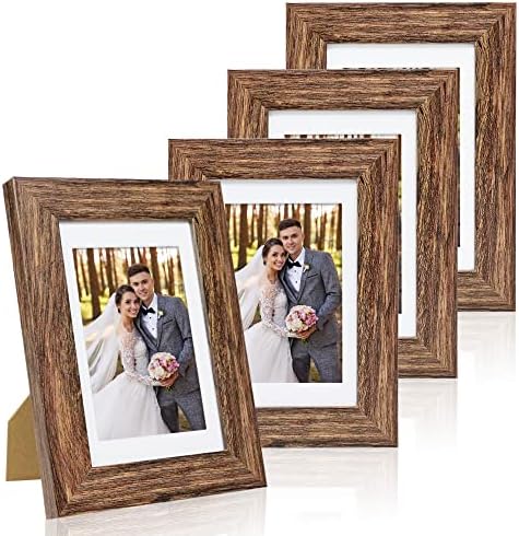 Hongkee 4x6 Picture Frame Set of 4, with Real Glass and Rustic Brown Wooden Frame, 4 by 6 Photo for Wall or Tabletop - Display Picture 3.5x5 with Mat or 4x6 Without Mat by Hongkee
