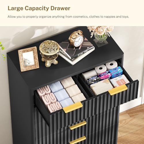 TEENOFN Fluted Dresser for Bedroom with 7 Drawers, 48" Tall Modern Chest of Drawers with Metal Handle, Wooden Dresser TV Stand, Wood Closet Clothes Storage Organizer for Living Room, Hallway, Black - Image 6
