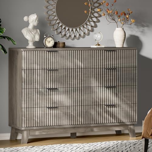 Xixini Fluted Dresser with 8 Drawers, 54" Wide Wood Chest of Drawers with Metal Handle, Wooden Dresser TV Stand, Modern Closet Clothes Storage Organizer for Bedroom, Living Room, Hallway, Light Grey by Xixini