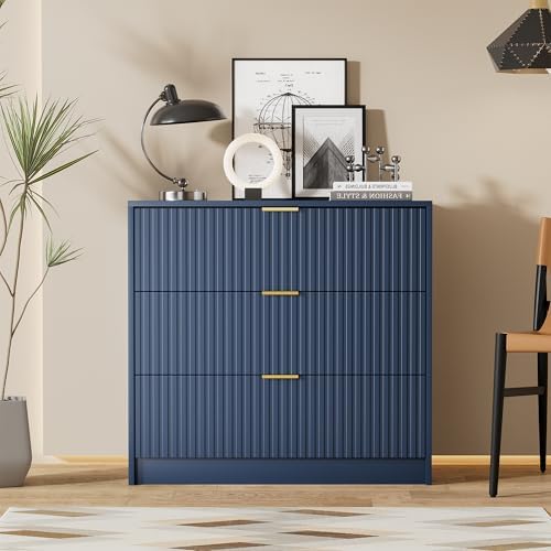 Furniway Navy Blue Dresser for Bedroom, Modern Dresser with 3 Drawers and Smooth Slides, Wide Chest of Drawers with Golden Handles for Bedroom, Living Room, Closet, 15.7" D x 31.5" W x 29.6" H - Image 7