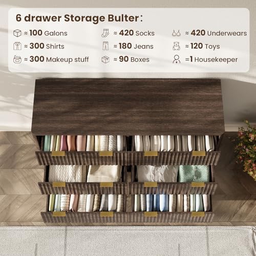 47" Wide Fluted 6 Drawers Dresser for Bedroom,Curved Edge,Walnut - Image 5