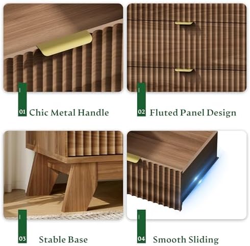 Xixini Fluted Nightstand with Charging Station, Tall Bedside Table, Walnut - Image 6
