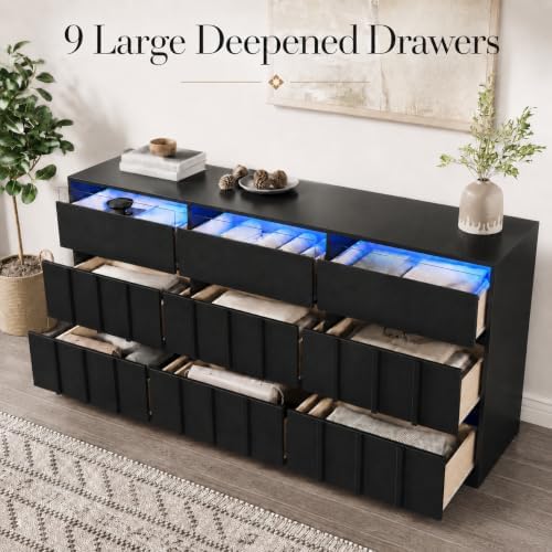 Fluted 9 Drawer Dresser for Bedroom,63" Wide Chest of Drawers w/LED Lights - Image 5