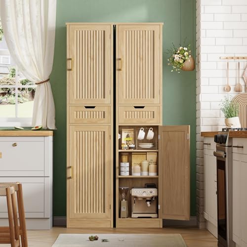 Iwell Tall Narrow Storage Cabinet with 1 Drawer and 2 Doors, Fluted Cabinet with Adjustable Shelves, Rattan Kitchen Cabinet for Bathroom, Living Room, Kitchen, Natural Oak - Image 7