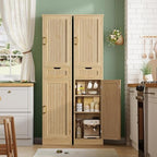 Iwell Tall Narrow Storage Cabinet with 1 Drawer and 2 Doors, Fluted Cabinet with Adjustable Shelves, Rattan Kitchen Cabinet for Bathroom, Living Room, Kitchen, Natural Oak - Image 7