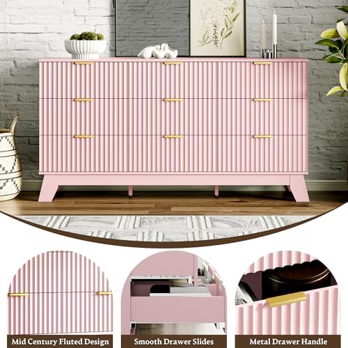 HUANLEGO Fluted Dresser for Bedroom with 9 Drawers, Pink - Image 5