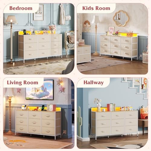 WLIVE Dresser TV Stand 9 Drawers, Fabric Chest of Drawers LED Lights, Cream - Image 3