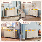 WLIVE Dresser TV Stand 9 Drawers, Fabric Chest of Drawers LED Lights, Cream - Image 3