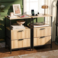 VINGLI Nightstands Set of 2 with Fabric Drawers, Fluted Nightstand with Charging Station, Oak Night Stand Set 2, Bed Side Tables with Drawers Fabric, End Tales Bedroom with Charger Station by VINGLI