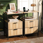 VINGLI Nightstands Set of 2 with Fabric Drawers, Fluted Nightstand with Charging Station, Oak Night Stand Set 2, Bed Side Tables with Drawers Fabric, End Tales Bedroom with Charger Station by VINGLI
