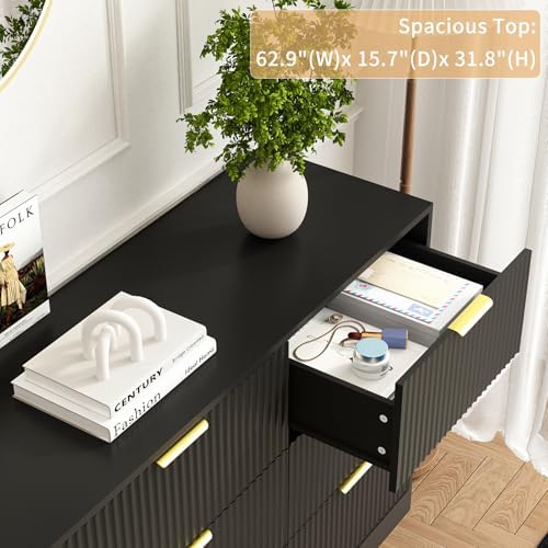 9 Drawer Fluted Dresser for Bedroom with Deep Drawers, Black丨63 Wide Wood Dresser, Large Chest of Drawers, Modern Long TV Stand, Storage Cabinet Side Table for Living Room, Hallway - Image 5