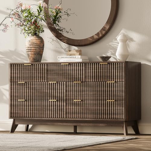 54" Wide Fluted 7 Drawers Dresser for Bedroom,Curved Edge,Walnut by TROJMHome