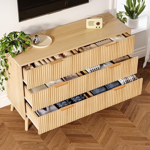 Fluted 6 Drawers Dresser for Bedroom, Wooden Wide Chest of Drawers with Metal Handle, Dresser TV Stand, Closet Storage Organizer for Entryway, Living Room, Hallway (Natural) - Image 4