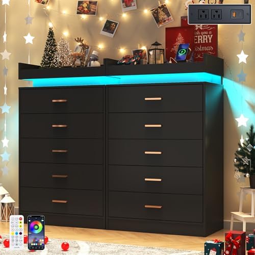 Hlivelood 5 Drawer Dresser with LED Light and Charging Station, Modern Chest of Drawers for Closet, Wide Drawer Organizer Cabinet, Living Room, Entryway, Hallway, Black - Image 4