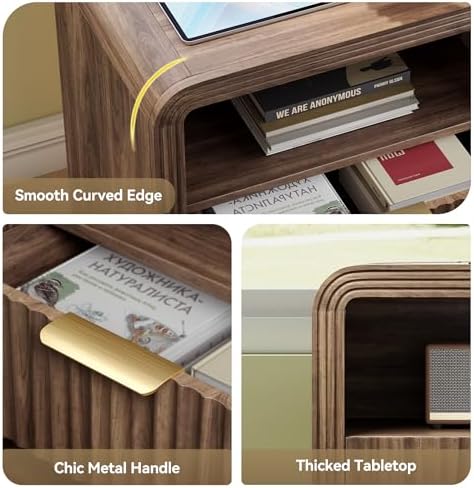 Decofy Fluted Nightstand with Charging Station, 2 Drawers, Walnut - Image 6