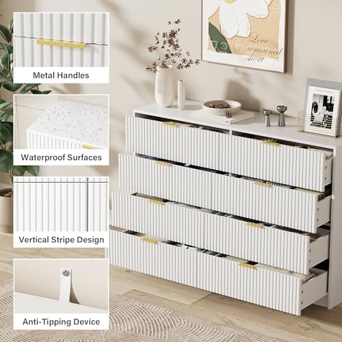 Furniway White 8 Drawer Dresser for Bedroom, Modern Dresser with Smooth Slides, Wide Chest of Drawers with Golden Handles for Bedroom, Living Room, Closet, 15.7" D x 55" W x 37.4" H - Image 3
