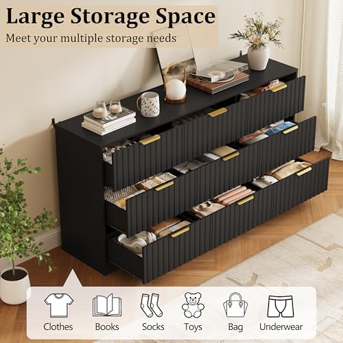 Fluted 9 Drawers Dresser for Bedroom, 63" Wide Wood Dressers, Black - Image 3