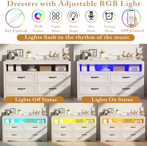 Wodeer White Dresser for Bedroom, Wood 4 Drawer Dresser with LED Light, Dressers & Chests of Drawers with Metal Handles, Storage and Organization for Bedroom, Hallway, Entryway - Image 4