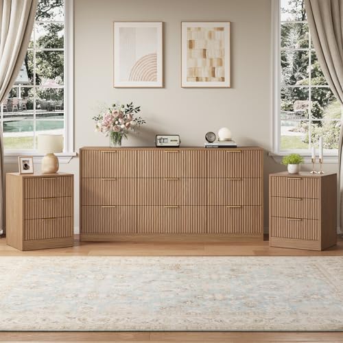 9 Drawer Dresser & 3-Drawer Nightstand Set 3-Piece, Natural Wood丨63 Long Dresser Set Night Stand Set of 2 with Metal Handle, Modern Wood Chest of Drawers Storage Dressers Set for Bedroom by NOVAMAISON