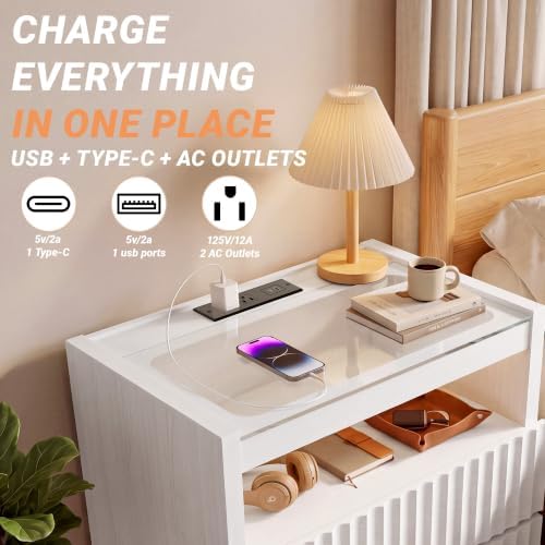 Modern Nightstand with Charging Station,Fluted 2 Drawers,White Oak Finish - Image 4