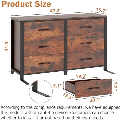 Rustic Brown Dresser for Bedroom, Wide Wood Dressers Furniture with 6 Wooden Drawer and Metal Frame, TV Stand with Deep Drawer (Rustic Brown) - Image 2