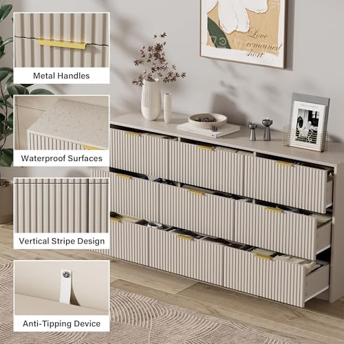 Furniway 9 Drawer Dresser for Bedroom, 63" Wide Dresser with Gold Handles, Modern Wood Chest of Drawers Storage Cabinet, Fluted Long Dresser for Bedroom, Living Room, Hallway, Beige - Image 3