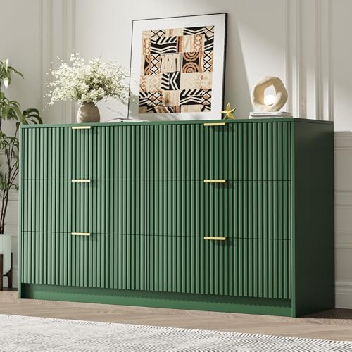 MAISONARIA Green 6 Drawer Dresser for Bedroom, 55" Wide Modern Chest of Drawers with Gold Metal Handles, Fluted Wood TV Stand for Living Room, Hallway by MAISONARIA
