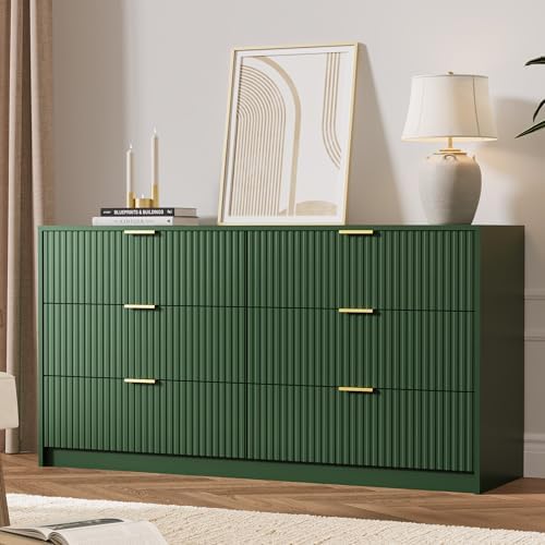 MAISONARIA Green 6 Drawer Dresser for Bedroom, 55" Wide Modern Chest of Drawers with Gold Metal Handles, Fluted Wood TV Stand for Living Room, Hallway - Image 7