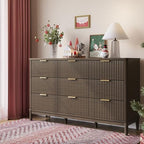 LINSY Fluted Dresser for Bedroom, Mid Century Modern Large Chest of Drawers with Gold Metal Handles, Wide Boho Wood Dressers with Storage, 9 Drawer, Dark Wood by Linsy