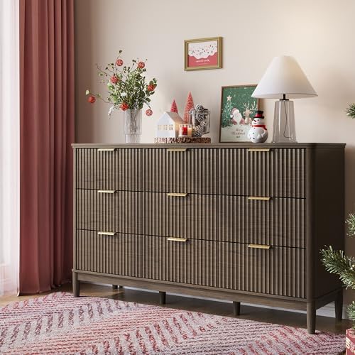 LINSY Fluted Dresser for Bedroom, Mid Century Modern Large Chest of Drawers with Gold Metal Handles, Wide Boho Wood Dressers with Storage, 9 Drawer, Dark Wood by Linsy