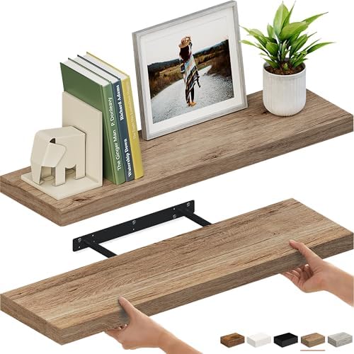 Ballucci Floating Shelves for Wall, 36" Wood Wall Shelf Set of 2, with Invisible Brackets for Bathroom, Living Room, Bedroom, Kitchen, Nursery, 8" Deep, Oak Finish by Ballucci