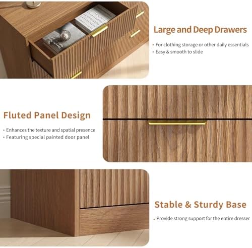 Natural Wood Dresser with 9 Drawer 63" Wide Fluted Dresser for Bedroom丨Long Dresser Modern Chest of Drawers with Gold Handle, Wood TV Stand Storage Organizer for Bedroom, Living Room, Natural Wood - Image 4