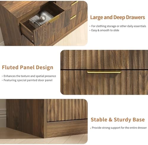 Walnut Dresser with 9 Drawer 63" Wide Fluted Dresser for Bedroom丨Long Dresser Modern Chest of Drawers with Gold Handle, Wood TV Stand Storage Organizer for Bedroom, Living Room, Walnut - Image 4